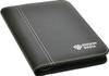 A black A5 zip portfolio with a textured finish and a logo on the front, featuring white stitching.