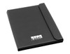 A black A4 portfolio with a flap closure and a logo on the front.