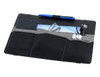 A black laptop bag with grey accents, featuring pockets for a phone, glasses, a pen, and earphones.