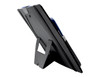 A black laptop bag with a stand feature, showcasing a sleek design and a branding logo.