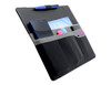 A black laptop bag with multiple pockets, housing a smartphone, pens, and other stationery items. It features a logo.
