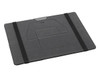 A grey laptop organiser with elastic bands, featuring a section for holding a laptop securely and a logo.