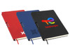 A set of three A5 notebooks in red, blue, and black, each featuring a logo on the cover and a ribbon bookmark.