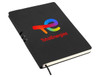 A black A5 notebook featuring a logo on the cover and a ribbon marker.
