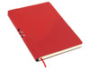 A red A5 notebook with a sleek design and a ribbon bookmark, featuring a logo on the cover.
