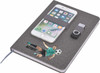 A grey A5 notebook with a phone holder and USB drive, featuring an illustration of a football player.