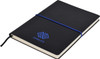 A black A5 notepad with a blue elastic band and a logo on the cover. The pages are cream-coloured.