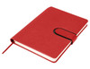 A red A5 notebook with a textured cover and an elastic closure, featuring a ribbon bookmark.