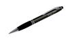 A black and silver stylus pen with a ribbed grip and branding on the barrel.