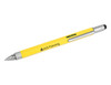 A yellow stylus pen featuring a silver tip and clip, with a logo on the side.