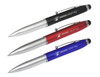 A set of three stylus pens in black, red, and blue, each featuring a logo.