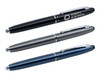 A collection of three stylus pens in black, grey, and navy blue, featuring silver accents and branding.