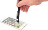 A black 6-in-1 multi pen is being used on a smartphone screen, showcasing its stylus feature.