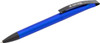 A blue plastic pen with a black clip and a brand logo on the side.