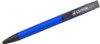 A blue plastic pen with a black clip and branding on the side.