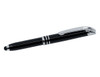 A black stylus pen with a shiny silver clip and accents, featuring a touch tip at the end.