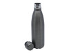 A drink bottle in matte grey with a silver cap, featuring a sleek design and a logo.