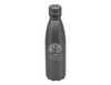 A drink bottle featuring a sleek stainless steel design in grey, with a logo on its surface.