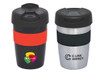 A travel mug set featuring a black and red mug and a silver mug with a black band, both with logos.