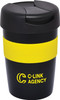 A double wall travel mug in black with a yellow band and a lid, featuring a logo.