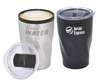 A double wall travel mug in silver and black, featuring a clear lid and branding on both sides.
