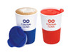 A coffee mug with a white body and coloured silicone sleeves, featuring blue and red options, each with a lid.