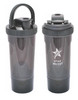 A drink bottle in black with a screw-top lid and a logo, featuring a sleek design suitable for protein shakes.