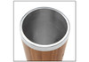 A bamboo travel mug with a stainless steel interior and a sleek design. It features a branding logo.