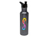 A drink bottle in dark grey stainless steel with a black spout and a logo design.