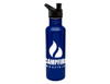 A drink bottle in navy blue with a black lid and a logo on the front.
