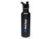 A drink bottle made of stainless steel, featuring a black finish and a logo. It has a flip-top spout for easy access.