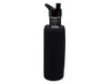 A drink bottle in black stainless steel with a black neoprene sleeve and a drinking spout, featuring a logo.
