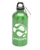 A drink bottle in shiny green stainless steel with a black cap and a carabiner clip, featuring a logo.