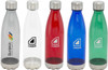 A drink bottle collection featuring clear, red, blue, and green bottles, all with a logo.