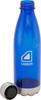 A drink bottle in blue featuring a metallic base and a screw-on lid, with a logo on the side.