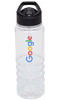 A clear drink bottle with a black lid and a logo. Features a textured grip design.