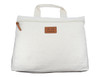 A white calico conference bag with a zipper and a small logo on the front.