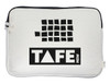 A cream laptop sleeve featuring a black logo and design, measuring 24cm x 33cm x 3cm.