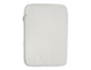 A laptop sleeve in a light cream colour with a zip closure and a simple design. Features a logo.
