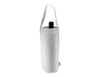 A drink bottle is inside a cream-coloured calico wine bag with a sturdy handle and a logo.