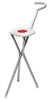 A folding sport seat in white with a silver frame, featuring a handle for easy carrying.