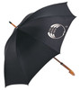 A black umbrella with a curved wooden handle and a logo on the canopy, designed for leisure and outdoors.