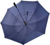 A navy blue auto golf umbrella featuring a sturdy handle and multiple ribs for support, with a logo present.