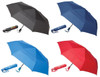 A collection of four umbrellas in black, navy blue, light blue, and red, each with a matching branded sleeve.