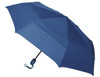 A navy blue auto open/close umbrella with a straight handle and a simple design, featuring a logo on the handle.