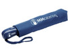 A navy umbrella with an auto open/close mechanism, featuring a branding logo on its sleeve.