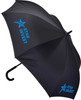 A black inverted umbrella with a J handle and a logo printed on the fabric.