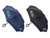 A navy and black inverter umbrella with a C handle, featuring branding on both canopies.
