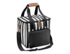 A striped black and white cooler bag with a brown handle and a black front pocket, featuring adjustable shoulder straps.