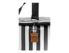 A cooler bag with a black and white striped design, featuring a handle and a tag, and includes a logo.